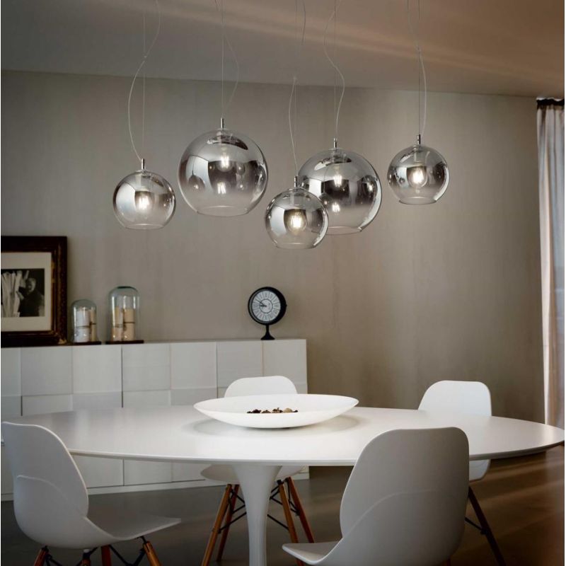 LAMPADARIO A SOSPENSIONE MODERNO CON 5 PUNTI LUCE IN VETRO SOFFIATO CROMO SFUMATO CRISTALENSI - Cristalensi Shop Online
