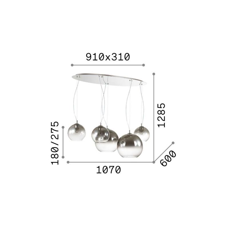 LAMPADARIO A SOSPENSIONE MODERNO CON 5 PUNTI LUCE IN VETRO SOFFIATO CROMO SFUMATO CRISTALENSI - Cristalensi Shop Online