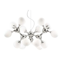 LAMPADARIO A SOSPENSIONE DESIGN MODERNO IN METALLO CROMATO O IN OTTONE CON 15 SFERE IN VETRO BIANCO CRISTALENSI - Cristalensi Sh 2