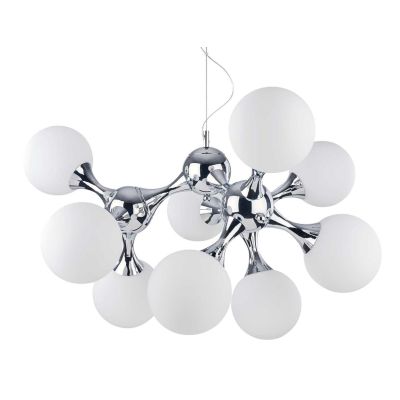 LAMPADARIO MODERNO A SOSPENSIONE IN METALLO CROMATO O IN OTTONE CON 9 SFERE IN VETRO BIANCO CRISTALENSI - Cristalensi Shop Onlin