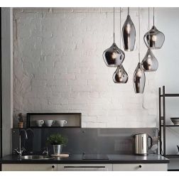 LAMPADARIO A SOSPENSIONE A 6 PUNTI LUCE MODERNO IN METALLO CON VETRO SOFFIATO BIANCO O FUME CRISTALENSI - Cristalensi Shop Onlin