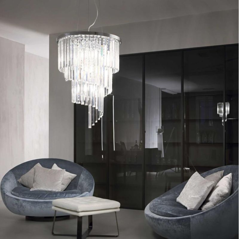 SOSPENSIONE MODERNA 8 LUCI METALLO CROMO O ORO CON PENDAGLI IN CRISTALLO TRASPARENTE CRISTALENSI - Cristalensi Shop Online