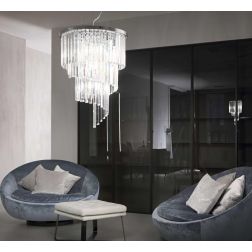 CARLTON SOSPENSIONE MODERNA 12 LUCI METALLO CROMO O ORO CON PENDAGLI IN CRISTALLO TRASPARENTE Ideal Lux - Cristalensi Shop Onlin