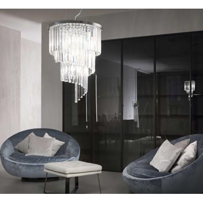 CARLTON SOSPENSIONE MODERNA 12 LUCI METALLO CROMO O ORO CON PENDAGLI IN CRISTALLO TRASPARENTE Ideal Lux - Cristalensi Shop Onlin