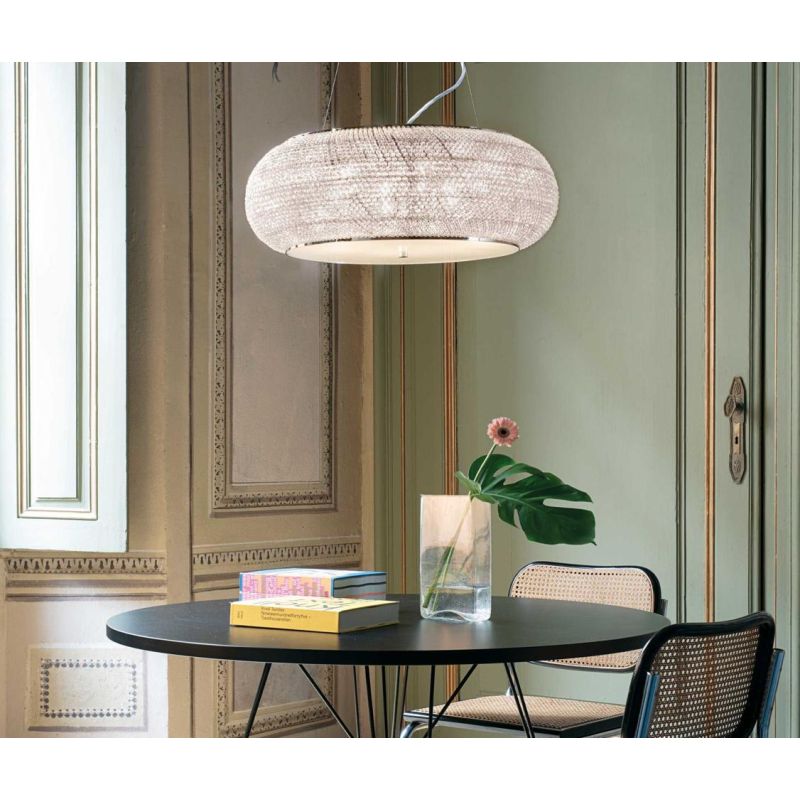 LAMPADARIO ELEGANTE 3 MISURE IN METALLO ORO O CROMO CON PERLE IN CRISTALLO TRASPARENTE CRISTALENSI - Cristalensi Shop Online