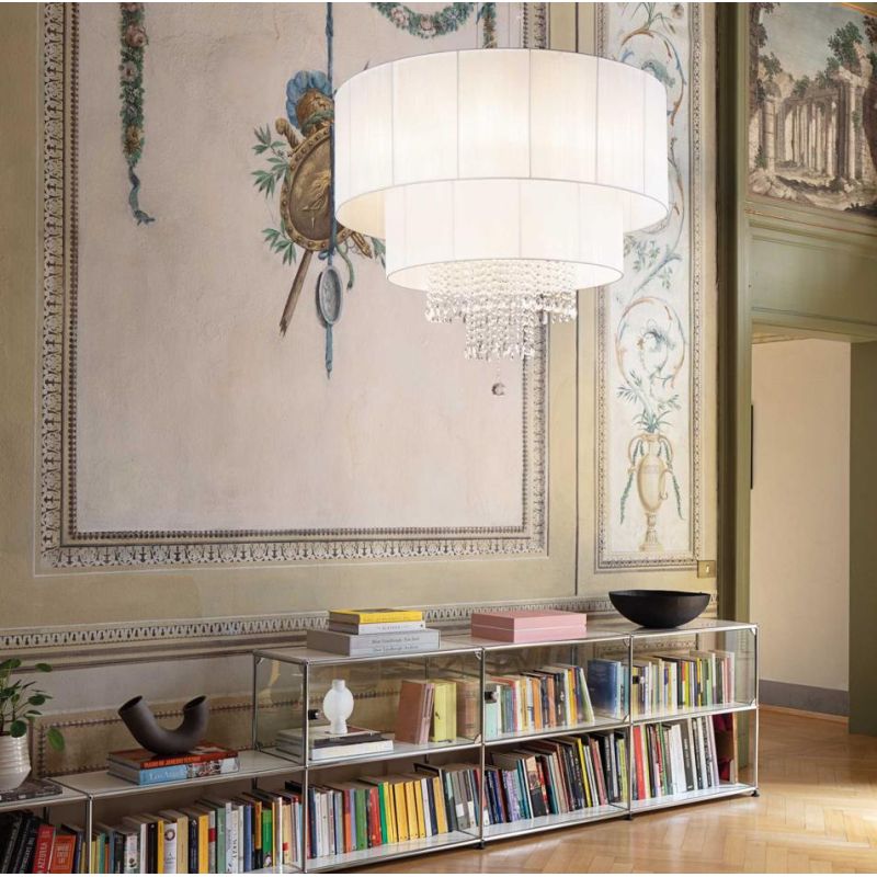 OPERA LAMPADARIO ELEGANTE CON PARALUMI IN PVC E CON GOCCE IN CRISTALLO TRASPARENTE 3 MISURE Ideal Lux - Cristalensi Shop Online