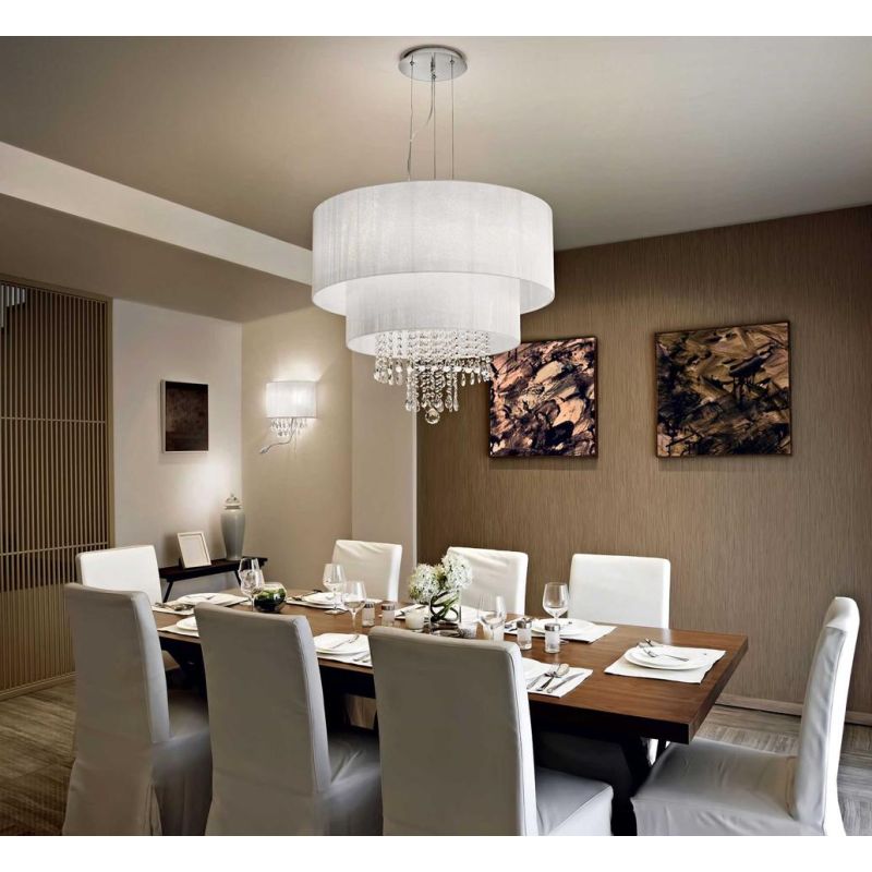 OPERA LAMPADARIO ELEGANTE CON PARALUMI IN PVC E CON GOCCE IN CRISTALLO TRASPARENTE 3 MISURE Ideal Lux - Cristalensi Shop Online