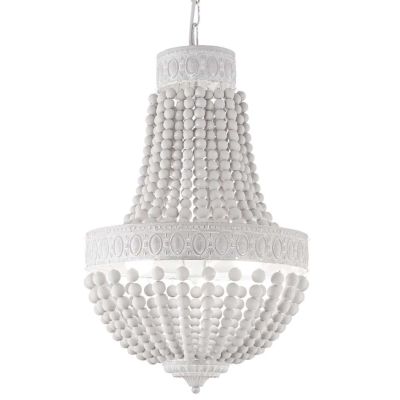 LAMPADARIO CLASSICO A SOSPENSIONE BIANCO OPACO CON CATENE DI PERLE IN LEGNO NATURALE DUE MISURE CRISTALENSI - Cristalensi Shop O