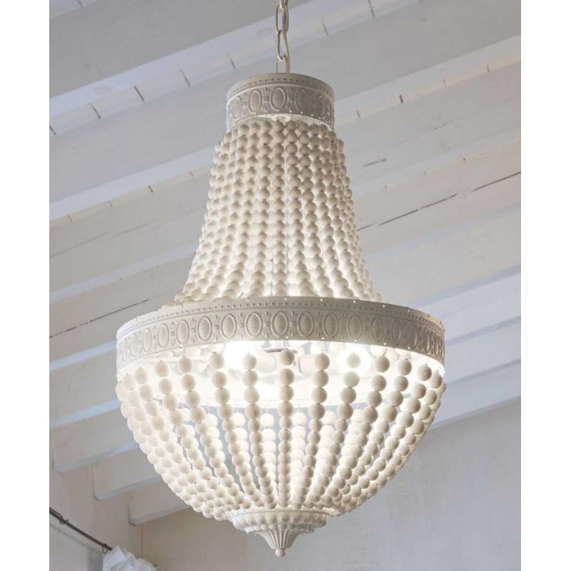 LAMPADARIO CLASSICO A SOSPENSIONE BIANCO OPACO CON CATENE DI PERLE IN LEGNO NATURALE DUE MISURE CRISTALENSI - Cristalensi Shop O