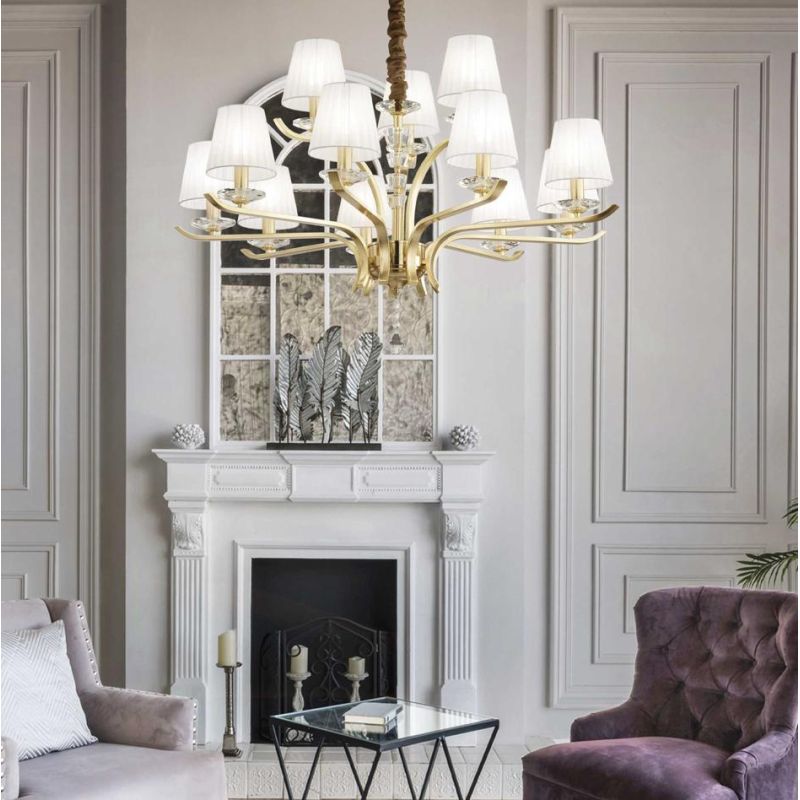 LAMPADARIO CLASSICO A 5,8 O 12 LUCI IN METALLO CROMO OPPURE OTTONE CON PARALUMI IN ORGANZA BIANCHI CRISTALENSI - Cristalensi Sho