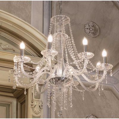 LAMPADARIO A SOSPENSIONE CLASSICO CON 6 OPPURE 8 BRACCI IN VETRO SOFFIATO E PENDAGLI IN CRISTALLO CRISTALENSI - Cristalensi Shop
