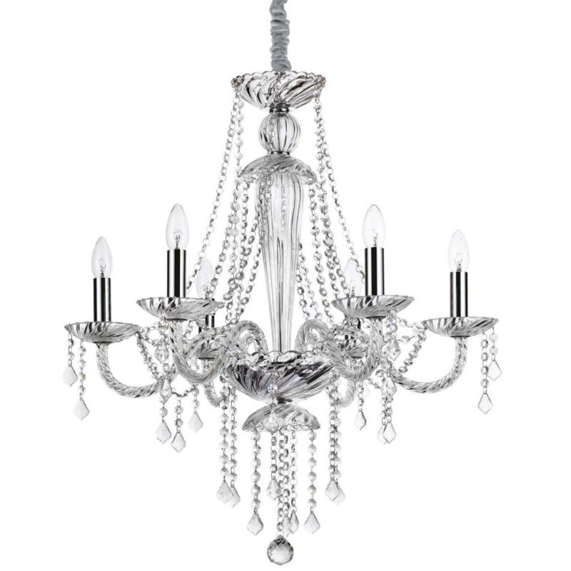 LAMPADARIO A SOSPENSIONE CLASSICO CON 6 OPPURE 8 BRACCI IN VETRO SOFFIATO E PENDAGLI IN CRISTALLO CRISTALENSI - Cristalensi Shop