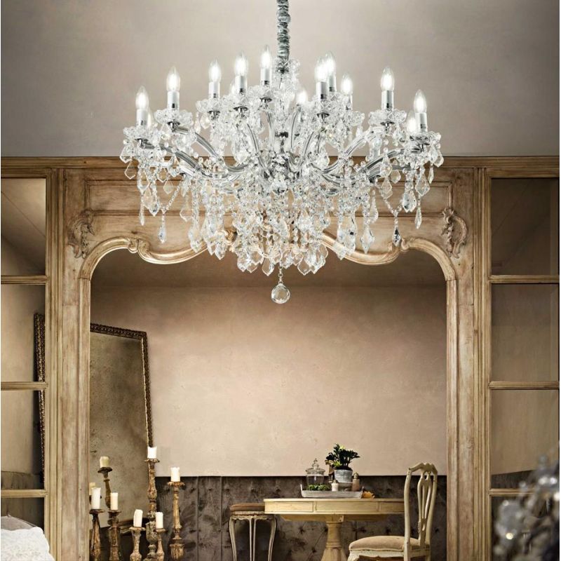 LAMPADARIO CLASSICO IN TRE MISURE CON BRACCI IN VETRO TRASPARENTE O FINITURA ORO E PENDAGLI IN CRISTALLO Ideal Lux - Cristalensi