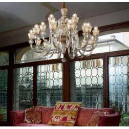 ELEGANTE LAMPADARIO IN VETRO SOFFIATO TRASPARENTE E CRISTALLO AMBRA 3 MISURE MONTATURA ORO CRISTALENSI - Cristalensi Shop Online