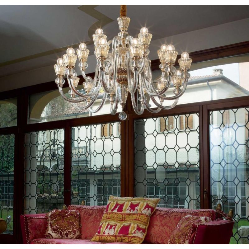 ELEGANTE LAMPADARIO IN VETRO SOFFIATO TRASPARENTE E CRISTALLO AMBRA 3 MISURE MONTATURA ORO CRISTALENSI - Cristalensi Shop Online