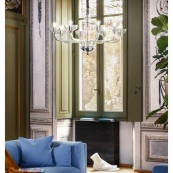LAMPADARIO CLASSICO 8 LUCI IN VETRO SOFFIATO 2 COLORI CON DETTAGLI CROMO LAVORATO A MANO CRISTALENSI - Cristalensi Shop Online