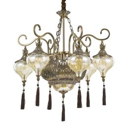 HAREM LAMPADARIO STILE ETNICO IN METALLO BRUNITO CON DIFFUSORI IN VETRO AMBRA E PENDAGLI A NAPPA Ideal Lux - Cristalensi Shop On 2