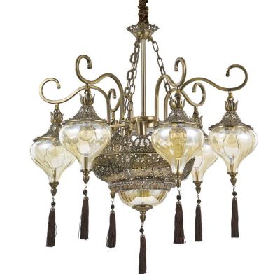 HAREM LAMPADARIO STILE ETNICO IN METALLO BRUNITO CON DIFFUSORI IN VETRO AMBRA E PENDAGLI A NAPPA Ideal Lux - Cristalensi Shop On