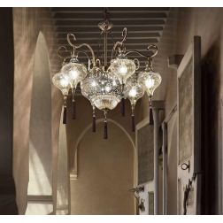 HAREM LAMPADARIO STILE ETNICO IN METALLO BRUNITO CON DIFFUSORI IN VETRO AMBRA E PENDAGLI A NAPPA Ideal Lux - Cristalensi Shop On