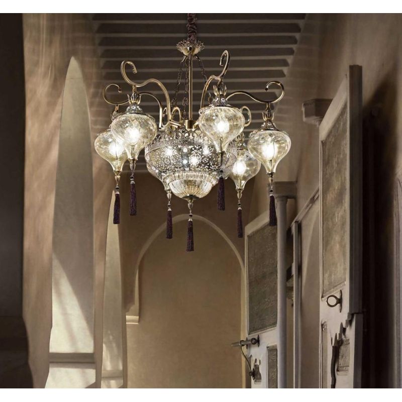 HAREM LAMPADARIO STILE ETNICO IN METALLO BRUNITO CON DIFFUSORI IN VETRO AMBRA E PENDAGLI A NAPPA Ideal Lux - Cristalensi Shop On