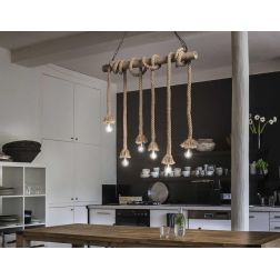 LAMPADARIO A SOSPENSIONE VINTAGE IN CORDA DI CANAPA NATURALE 6 LUCI 80 CENTIMETRI CRISTALENSI - Cristalensi Shop Online