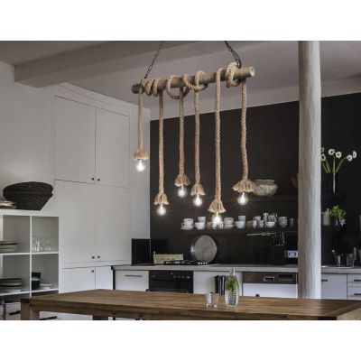LAMPADARIO A SOSPENSIONE VINTAGE IN CORDA DI CANAPA NATURALE 6 LUCI 80 CENTIMETRI CRISTALENSI - Cristalensi Shop Online