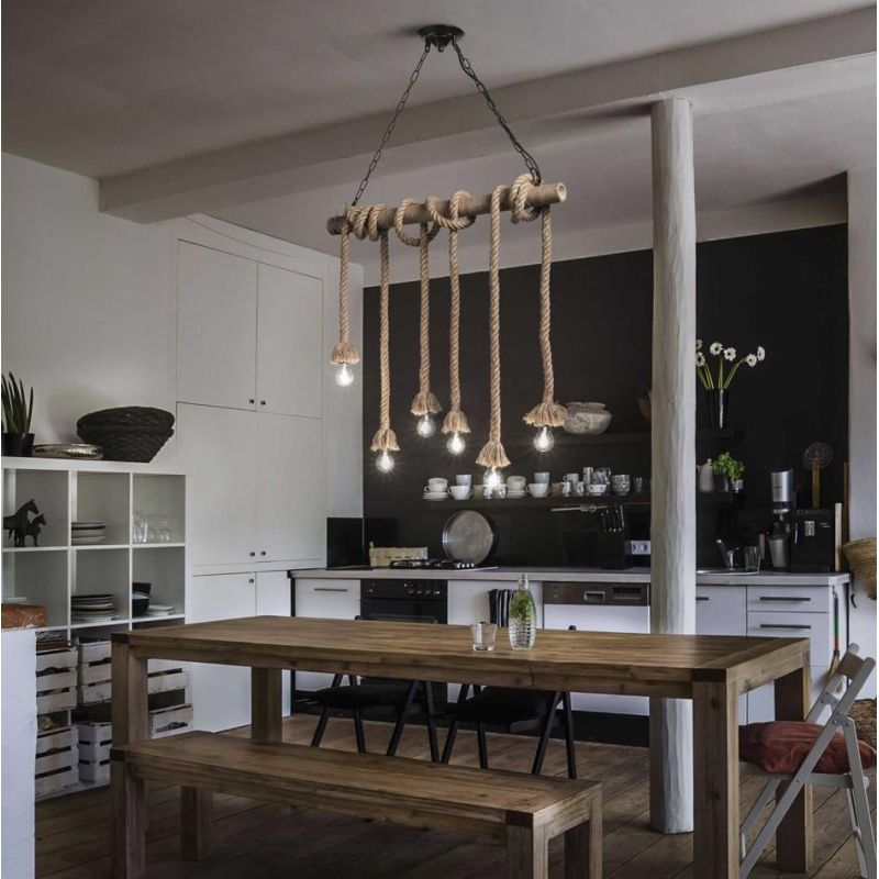LAMPADARIO A SOSPENSIONE VINTAGE IN CORDA DI CANAPA NATURALE 6 LUCI 80 CENTIMETRI CRISTALENSI - Cristalensi Shop Online