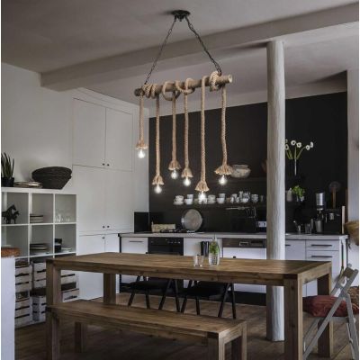 LAMPADARIO A SOSPENSIONE VINTAGE IN CORDA DI CANAPA NATURALE 6 LUCI 80 CENTIMETRI CRISTALENSI - Cristalensi Shop Online