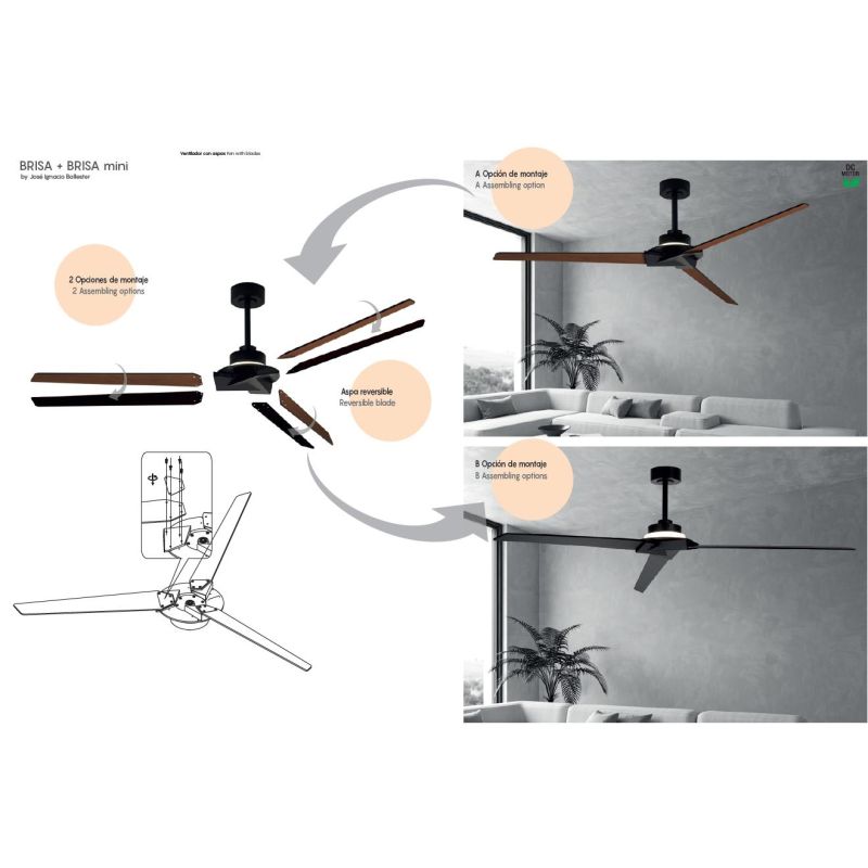 BRISA MINI VENTILATORE 3 PALE D151 CM LED 20W DIMMERABILE BIANCO O NERO CON TELECOMANDO E PALE REVERSIBILI Mantra - Cristalensi