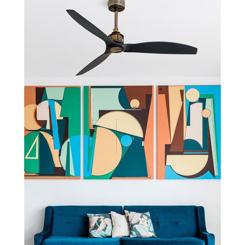 JUST FAN VENTILATORE A SOFFITTO OTTONE SPAZZOLATO CON 3 PALE NERE SENZA LUCE CON TELECOMANDO FARO VENTILATORI - Cristalensi Shop