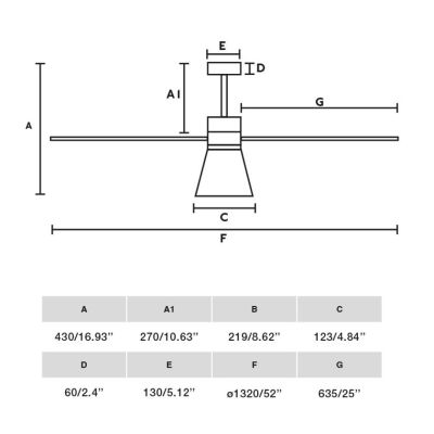 AMELIA L CONE VENTILATORE DA SOFFITTO D132 CM LUCE LED 20W 3 FINITURE 3 PALE E TELECOMANDO INCLUSO FARO VENTILATORI - Cristalens