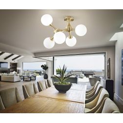 PLAFONIERA DESIGN MODERNO IN METALLO CROMATO O IN OTTONE CON 5 SFERE IN VETRO BIANCO SOFFIATO CRISTALENSI - Cristalensi Shop Onl