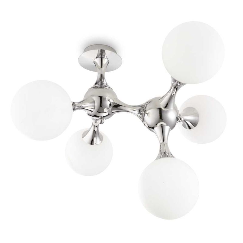 PLAFONIERA DESIGN MODERNO IN METALLO CROMATO O IN OTTONE CON 5 SFERE IN VETRO BIANCO SOFFIATO CRISTALENSI - Cristalensi Shop Onl