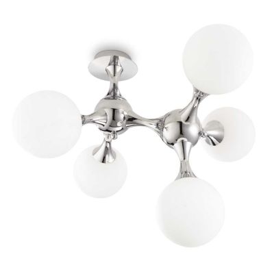 PLAFONIERA DESIGN MODERNO IN METALLO CROMATO O IN OTTONE CON 5 SFERE IN VETRO BIANCO SOFFIATO CRISTALENSI - Cristalensi Shop Onl