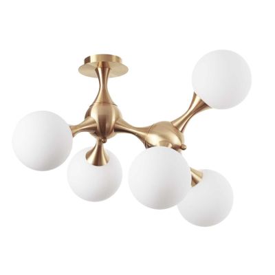 PLAFONIERA DESIGN MODERNO IN METALLO CROMATO O IN OTTONE CON 5 SFERE IN VETRO BIANCO SOFFIATO CRISTALENSI - Cristalensi Shop Onl