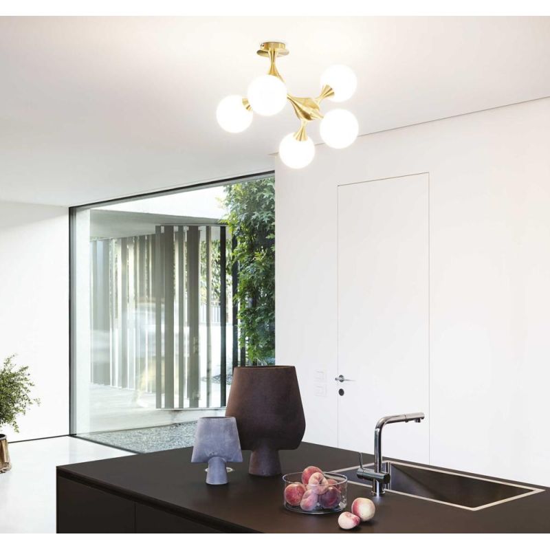 PLAFONIERA DESIGN MODERNO IN METALLO CROMATO O IN OTTONE CON 5 SFERE IN VETRO BIANCO SOFFIATO CRISTALENSI - Cristalensi Shop Onl