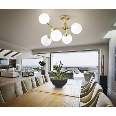 PLAFONIERA DESIGN MODERNO IN METALLO CROMATO O IN OTTONE CON 5 SFERE IN VETRO BIANCO SOFFIATO CRISTALENSI - Cristalensi Shop Onl