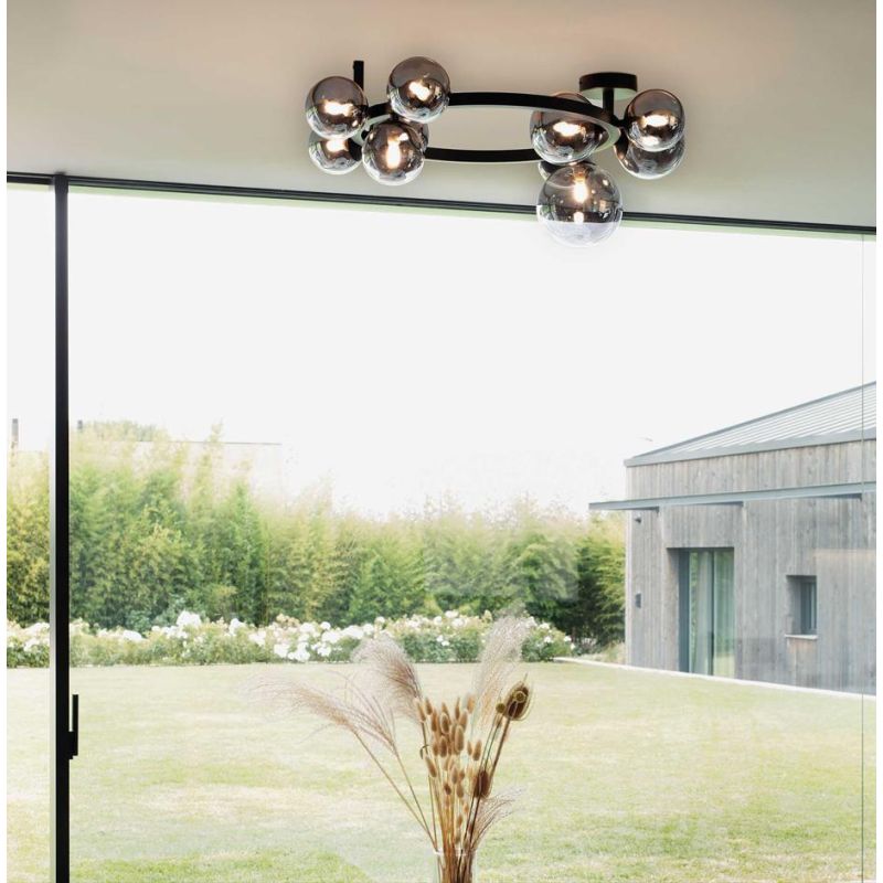 PLAFONIERA CIRCOLARE MODERNA IN METALLO CON 10 SFERE IN VETRO FUME, BIANCO O AMBRA LAMPADINE G9 INCLUSE CRISTALENSI - Cristalens