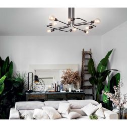 PLAFONIERA MODERNA 8 LUCI CON BRACCI IN METALLO VERNICIATO NERO O OTTONE CON LAMPADINE A VISTA CRISTALENSI - Cristalensi Shop On