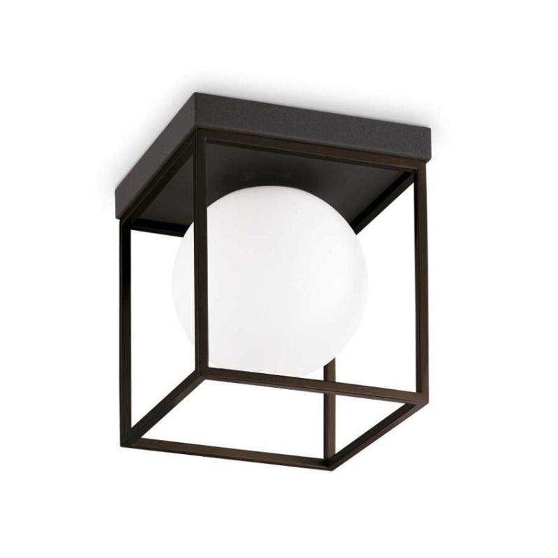 PLAFONIERA QUADRATA IN METALLO NERO O OTTONE CON SFERA IN VETRO BIANCO DESIGN MODERNO CRISTALENSI - Cristalensi Shop Online
