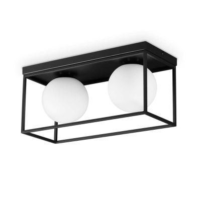 PLAFONIERA RETTANGOLARE 2 LUCI IN METALLO NERO O OTTONE CON SFERE IN VETRO BIANCO DESIGN MODERNO CRISTALENSI - Cristalensi Shop 