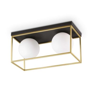 PLAFONIERA RETTANGOLARE 2 LUCI IN METALLO NERO O OTTONE CON SFERE IN VETRO BIANCO DESIGN MODERNO CRISTALENSI - Cristalensi Shop 