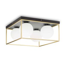 PLAFONIERA QUADRATA 4 LUCI IN METALLO NERO O OTTONE CON SFERE IN VETRO BIANCO DESIGN MODERNO CRISTALENSI - Cristalensi Shop Onli