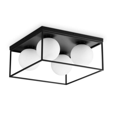 PLAFONIERA QUADRATA 4 LUCI IN METALLO NERO O OTTONE CON SFERE IN VETRO BIANCO DESIGN MODERNO CRISTALENSI - Cristalensi Shop Onli