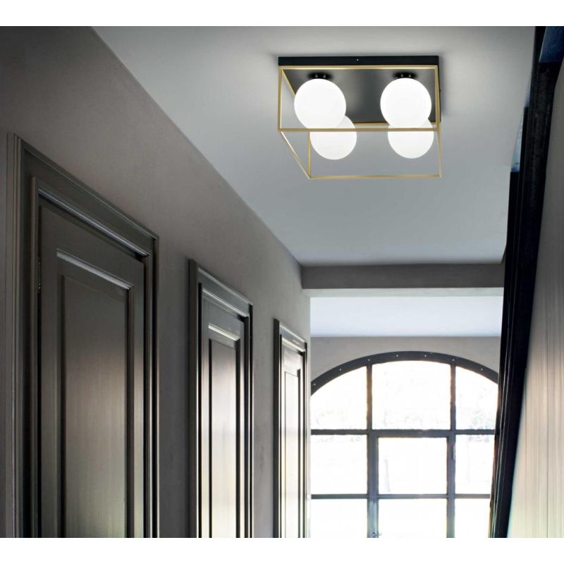 PLAFONIERA QUADRATA 4 LUCI IN METALLO NERO O OTTONE CON SFERE IN VETRO BIANCO DESIGN MODERNO CRISTALENSI - Cristalensi Shop Onli