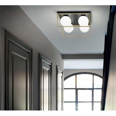 PLAFONIERA QUADRATA 4 LUCI IN METALLO NERO O OTTONE CON SFERE IN VETRO BIANCO DESIGN MODERNO CRISTALENSI - Cristalensi Shop Onli