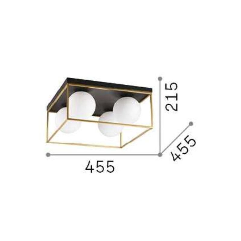 PLAFONIERA QUADRATA 4 LUCI IN METALLO NERO O OTTONE CON SFERE IN VETRO BIANCO DESIGN MODERNO CRISTALENSI - Cristalensi Shop Onli