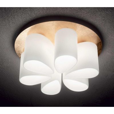 PLAFONIERA MODERNA 6 LUCI IN VETRO SOFFIATO BIANCO RIGATO CON METALLO RIFINITO FOGLIA ORO CRISTALENSI - Cristalensi Shop Online
