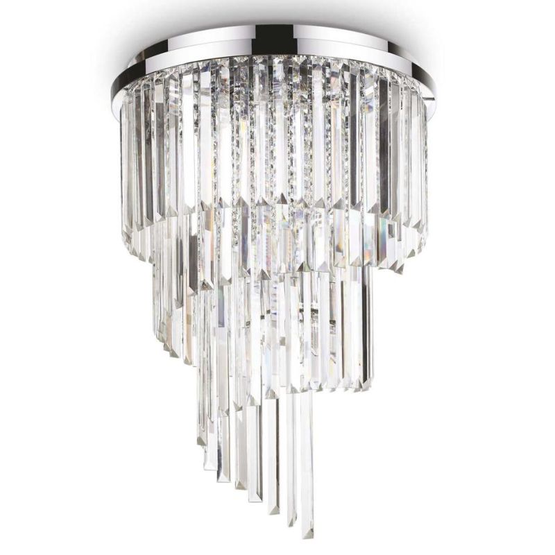 PLAFONIERA MODERNA 12 LUCI METALLO CROMO O ORO CON PENDAGLI IN CRISTALLO TRASPARENTE CRISTALENSI - Cristalensi Shop Online