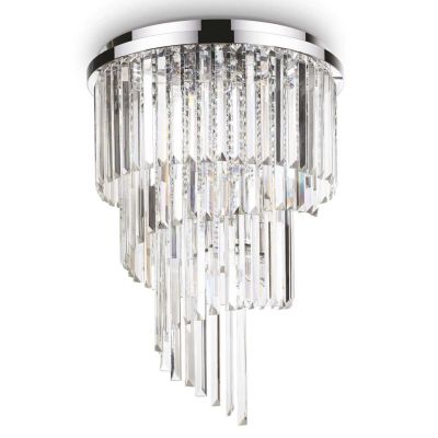 PLAFONIERA MODERNA 12 LUCI METALLO CROMO O ORO CON PENDAGLI IN CRISTALLO TRASPARENTE CRISTALENSI - Cristalensi Shop Online